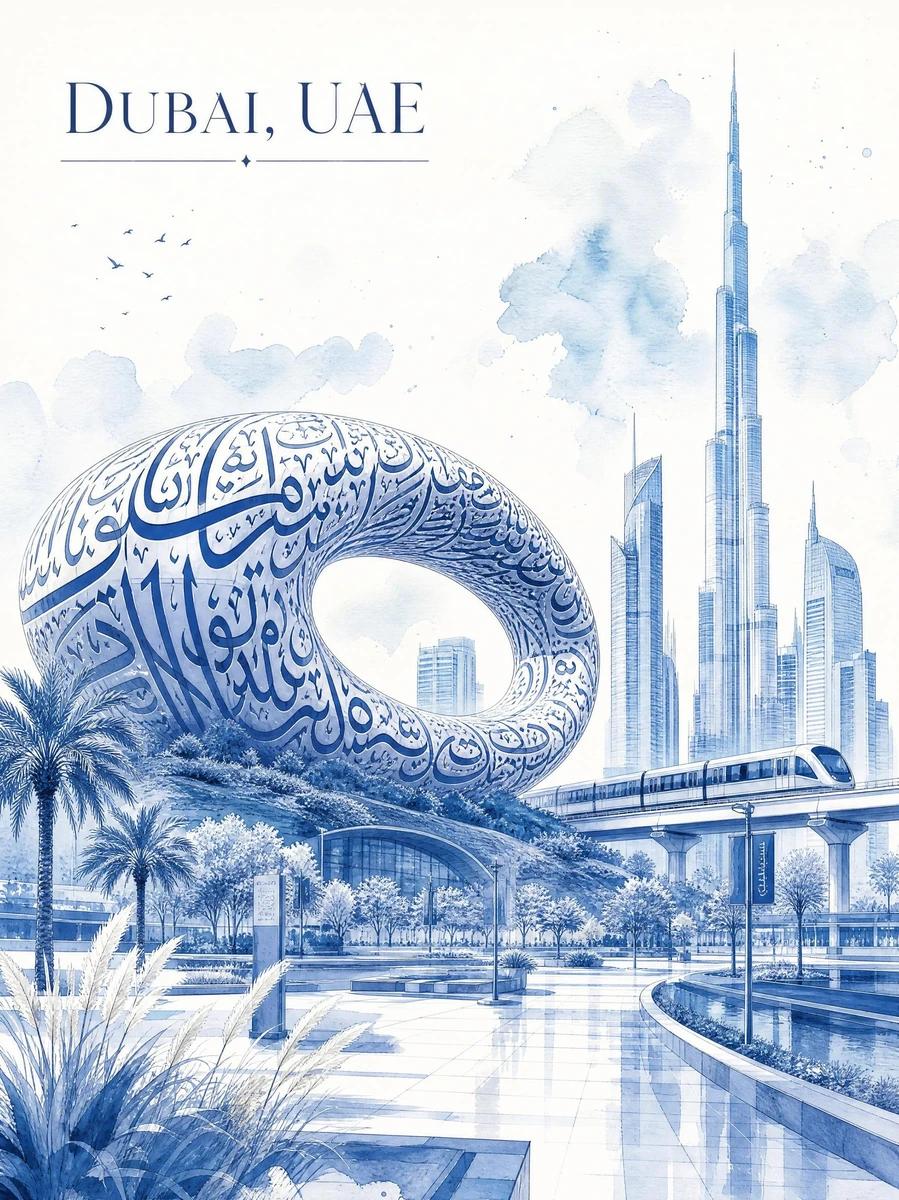 Ultra-luxury minimalist watercolor travel poster of Dubai, UAE, rendered...
