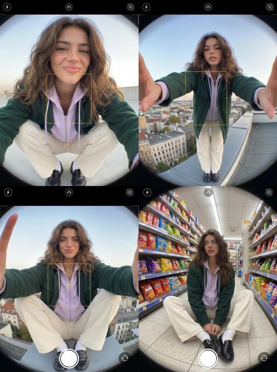 Fashion diary composed of three exaggerated fisheye smartphone photos. [H...