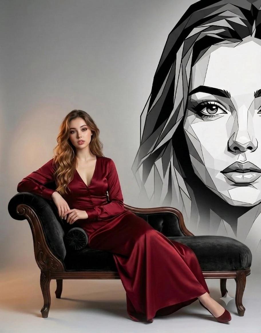Elegant luxury fashion editorial portrait, beautiful woman seated gracefu...