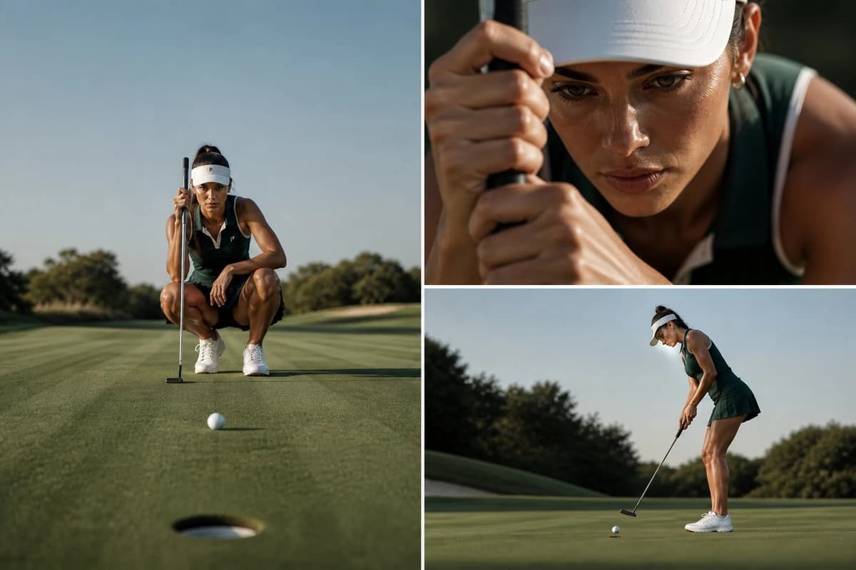 Three-image luxury golf editorial collage featuring a professional female...