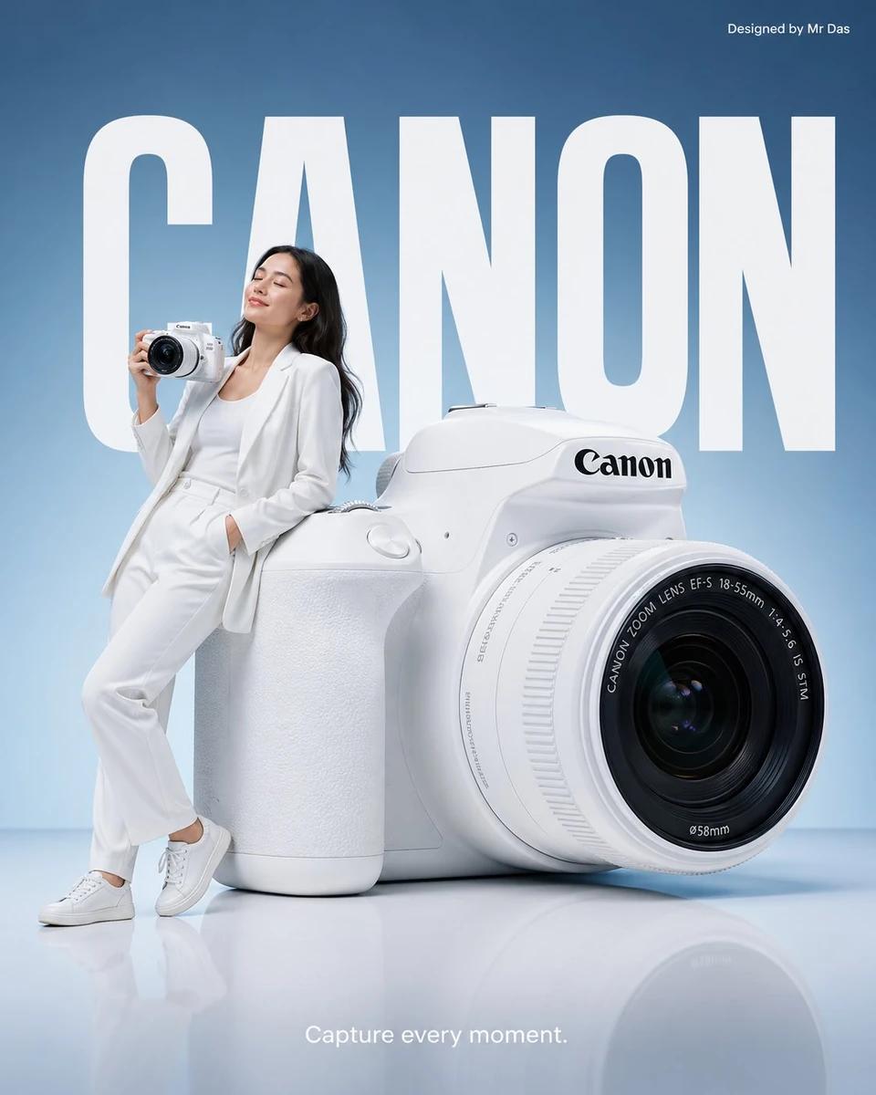 Minimalist commercial ad featuring oversized white DSLR camera, ultra-cle...