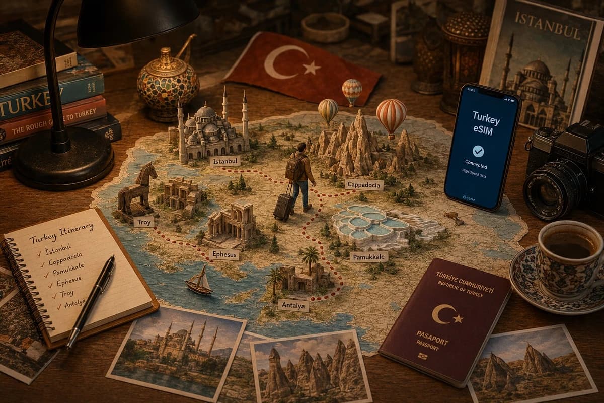 A premium travel-planning tabletop scene for [LOCATION], photographed fro...