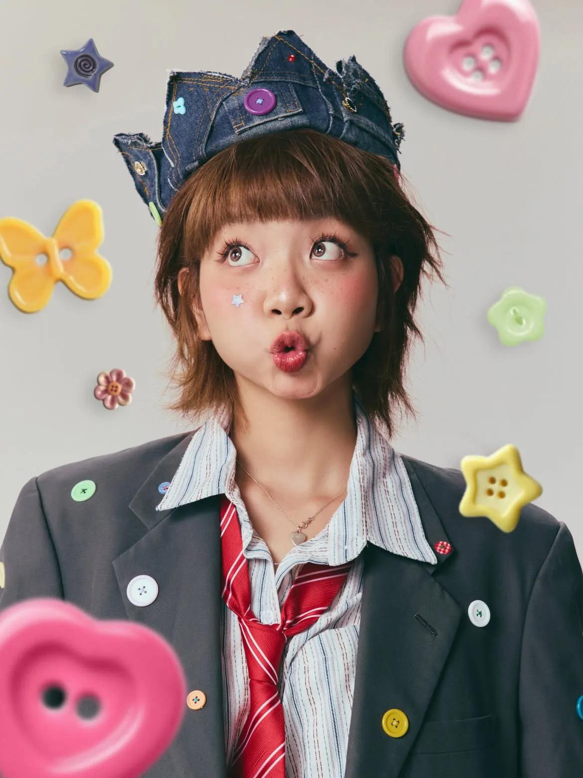Ultra-realistic editorial fashion portrait of a playful young woman with...