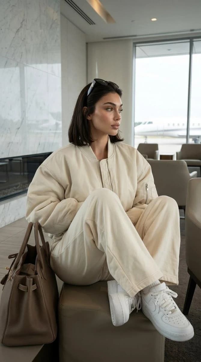 Beautiful woman waiting in a private terminal lounge. Oversized cream bom...