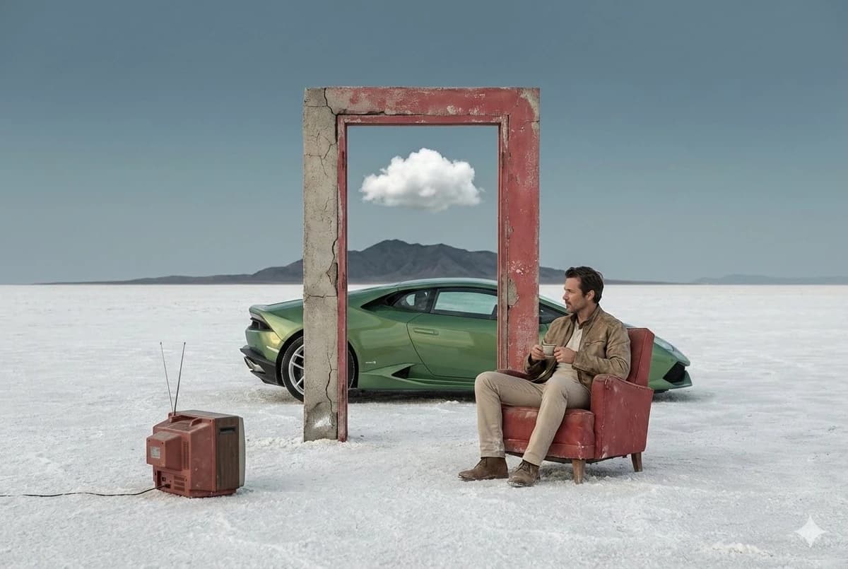 A surreal, ultra-realistic cinematic fine-art photograph. A calm, handsom...