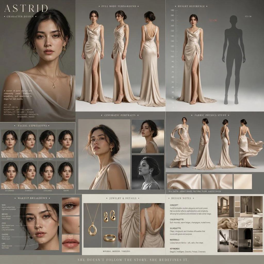 A stunning female protagonist with sharp yet gentle facial features, glow...