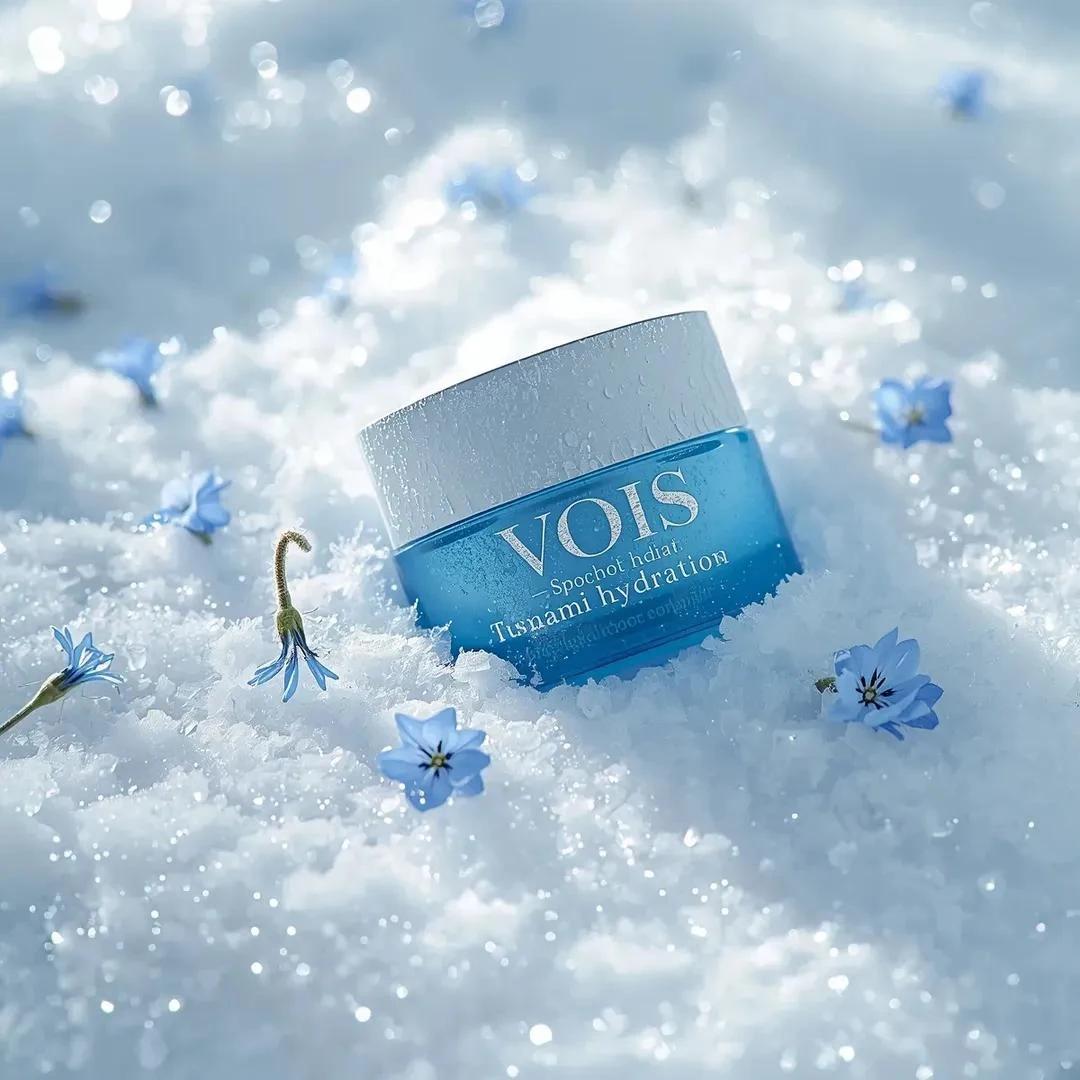Photorealistic high-end skincare product photography of a blue cosmetic c...
