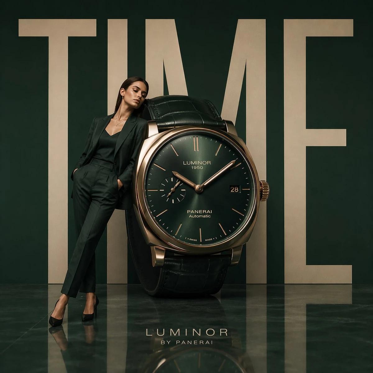 Minimalist luxury watch campaign, oversized wristwatch positioned like mo...