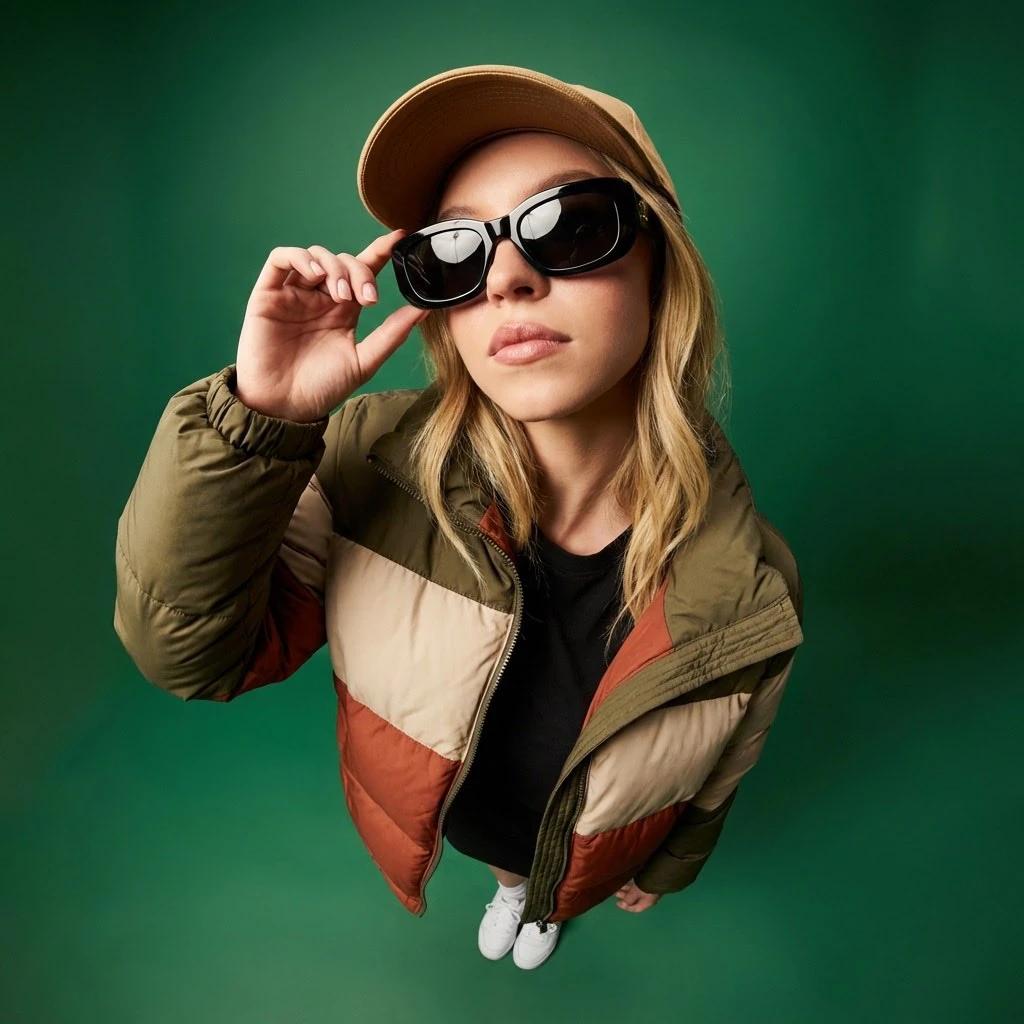 High-angle wide-angle (slight fisheye) fashion portrait of a young woman...