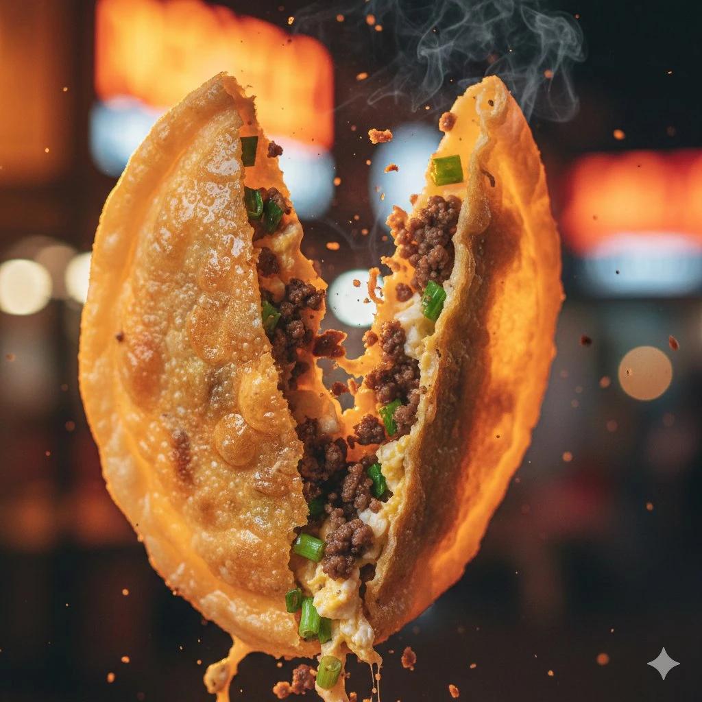 Macro food photography of a crispy martabak telur tearing open mid-air, t...