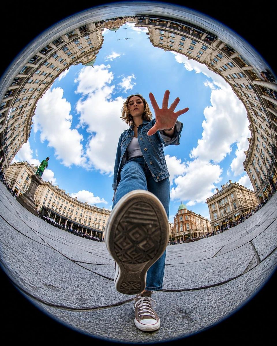 Ultra-realistic action photography, extreme fisheye lens, 8mm, worm’s-eye...