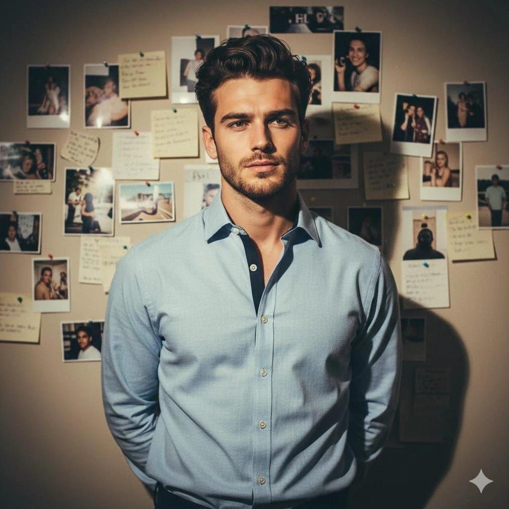 A cinematic front-facing indoor portrait of a stylish young man standing...