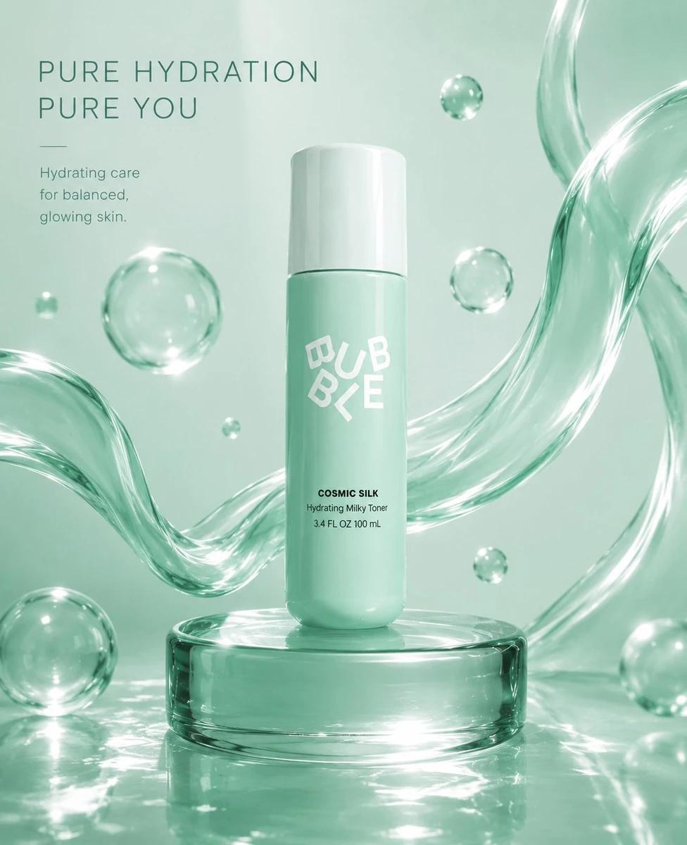 (Luxury skincare product advertisement), (cool mint-green pastel theme),...