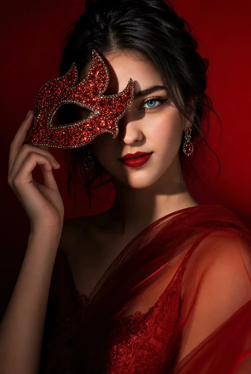 Editorial beauty portrait of a young woman holding a crystal-encrusted re...