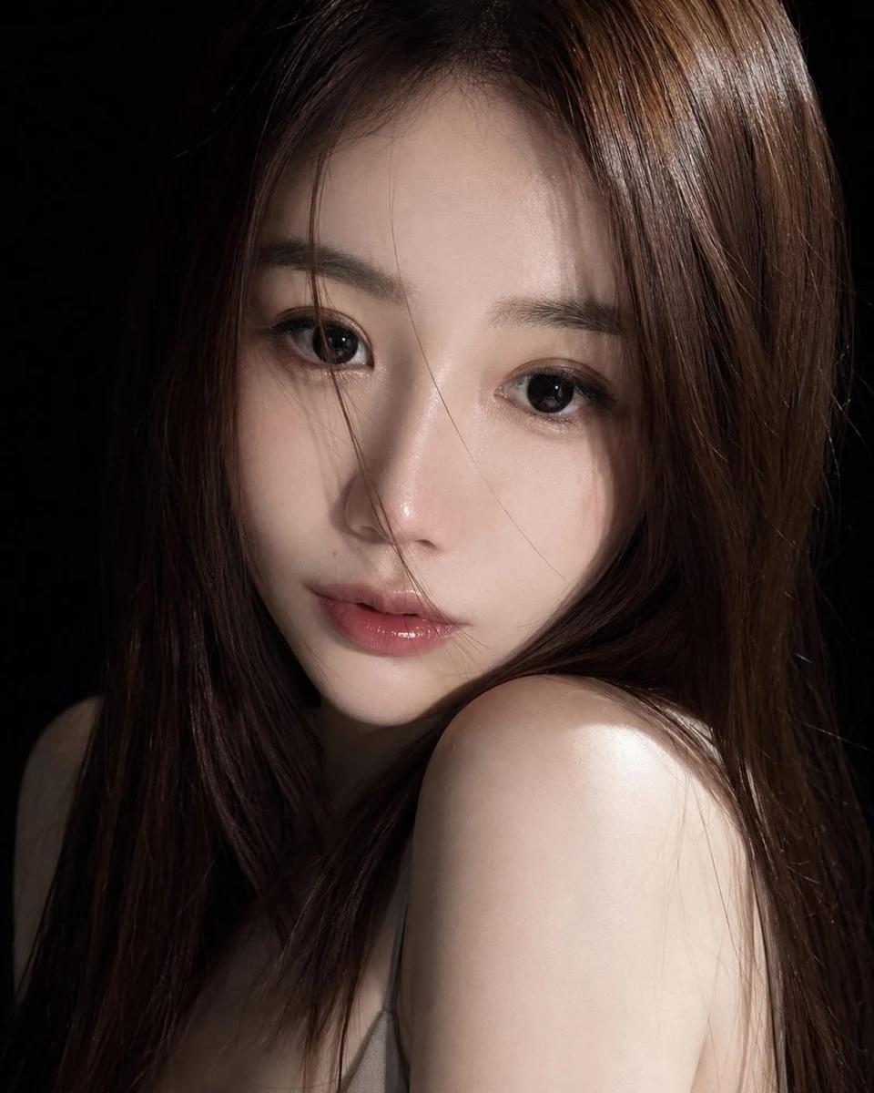 Ultra-realistic close-up beauty portrait of a young East Asian woman, lon...