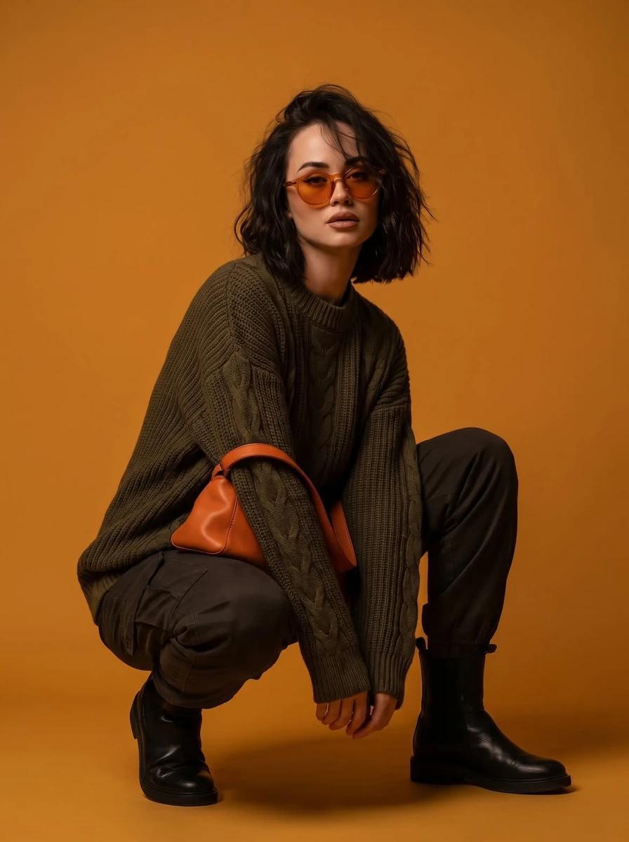 High-fashion editorial studio photoshoot of a stylish young woman with sh...