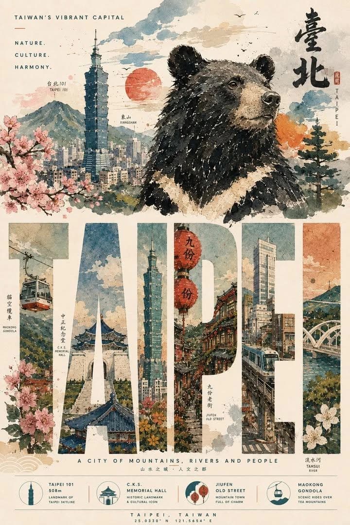 Watercolor and ink travel poster of Taipei, Taiwan with a vintage texture...
