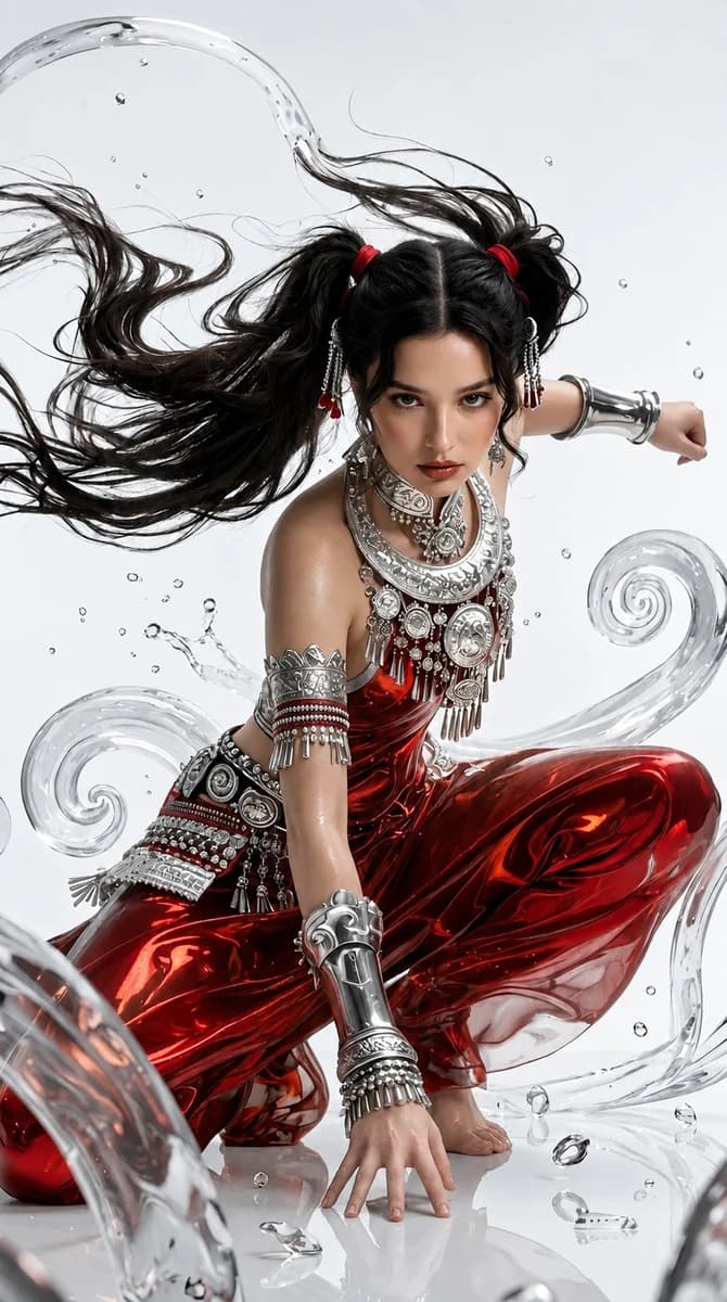 Ultra-detailed fantasy warrior girl crouching in a dynamic action pose, l...