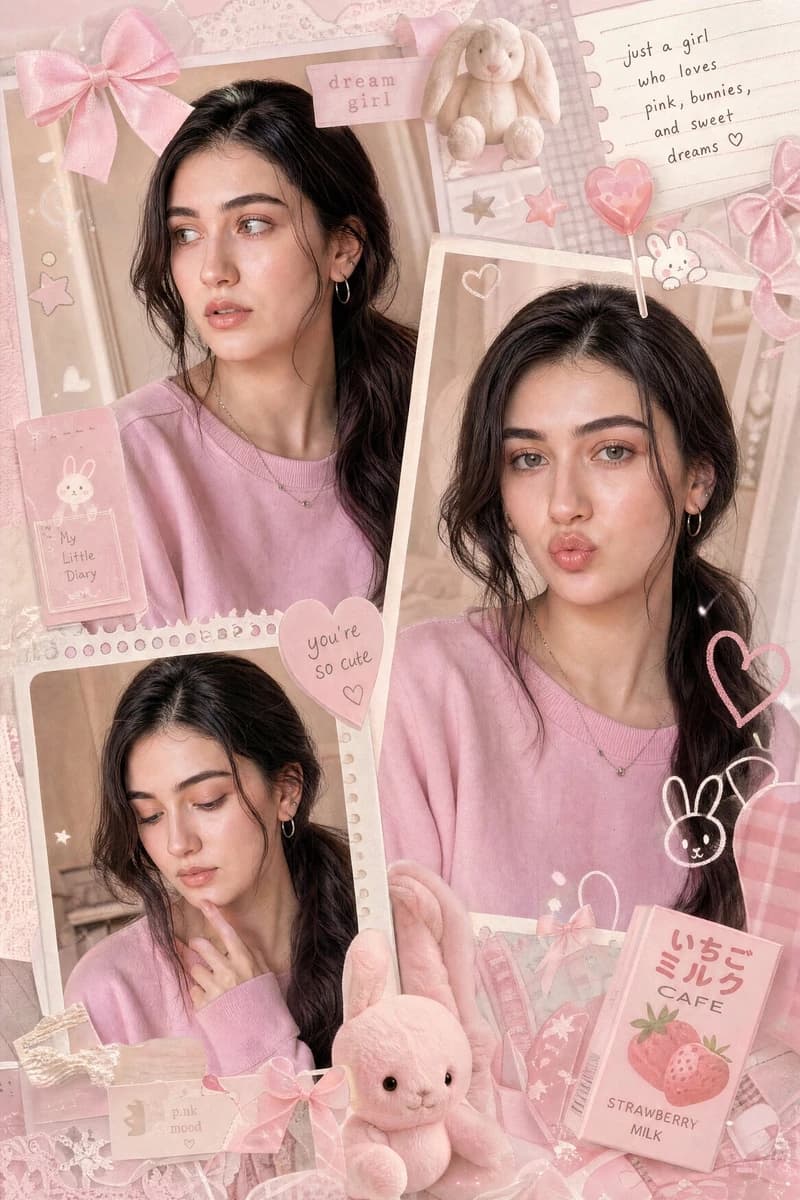 A dreamy multi-frame pastel pink aesthetic collage featuring a cute young...