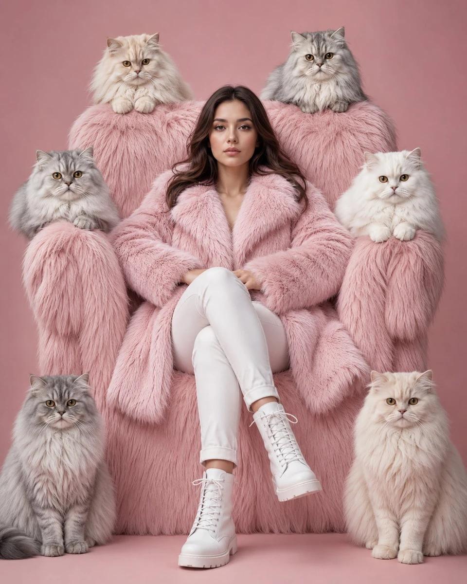 A luxury fashion editorial portrait of a confident young woman seated ele...