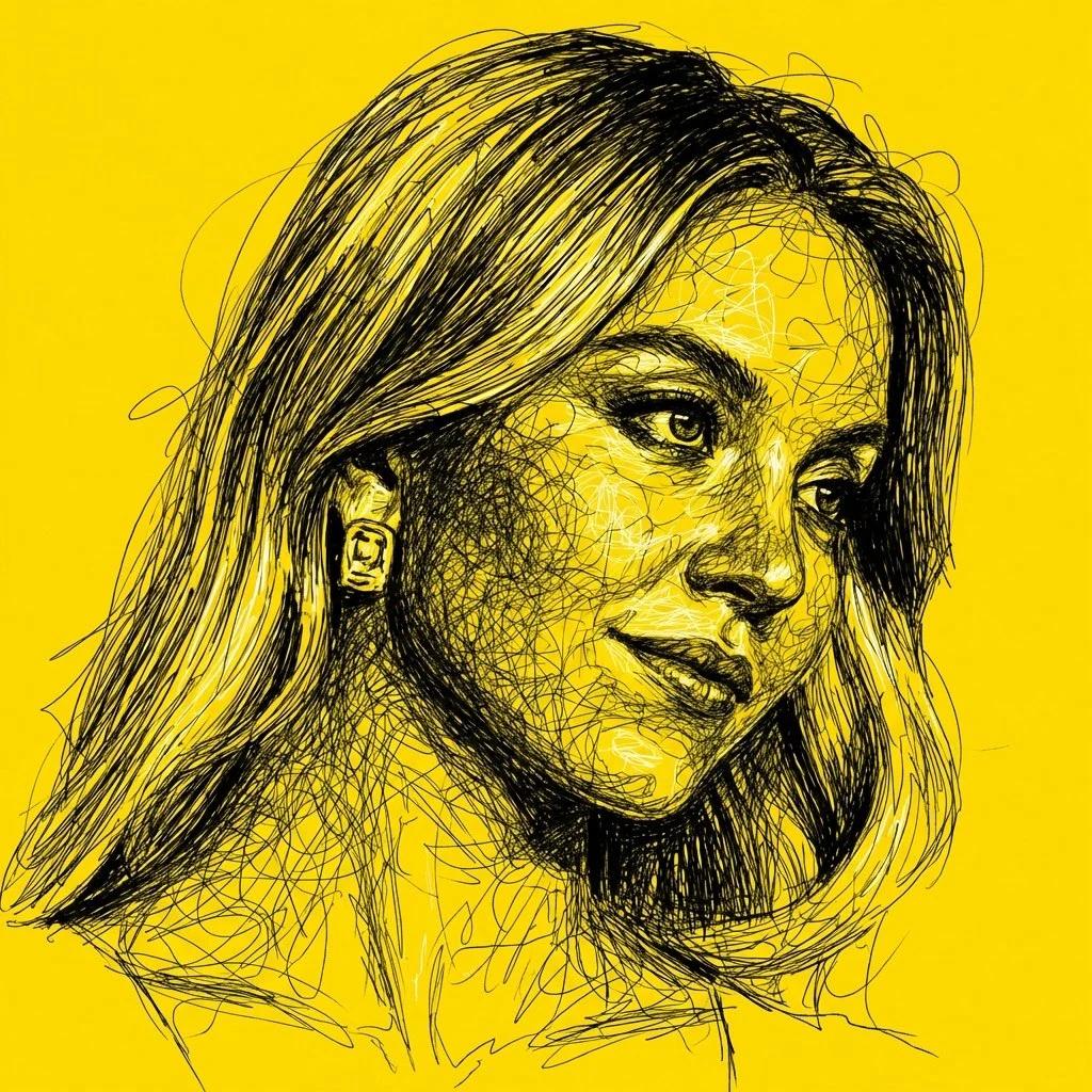 A high-contrast scribble art portrait black lines on a solid yellow backg...