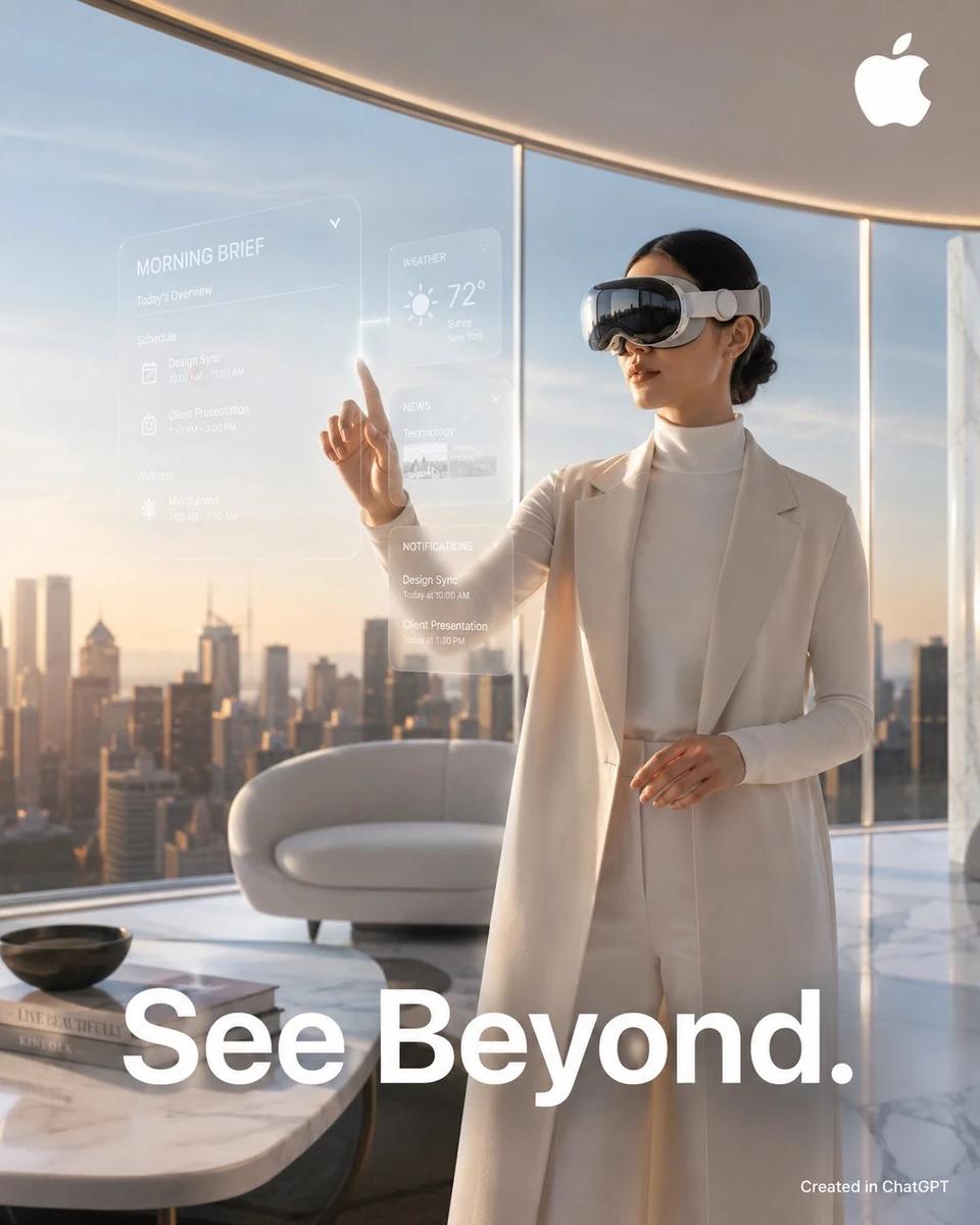 Photorealistic luxury commercial advertisement for Apple Vision Pro, ultr...