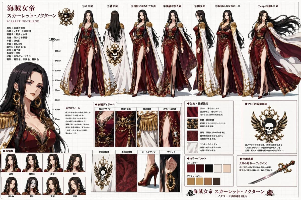 Professional anime character design sheet of a regal dark-haired empress...