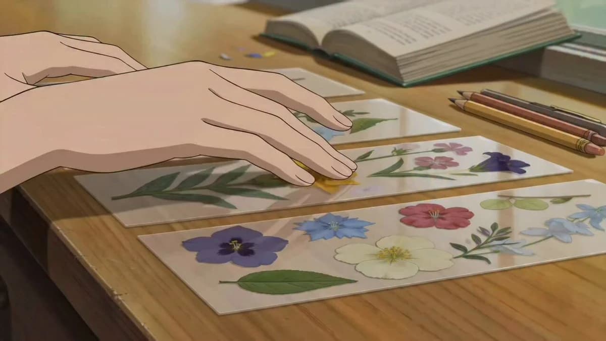 ASMR anime scene of hands creating a pressed-flower bookmark on a warm wo...