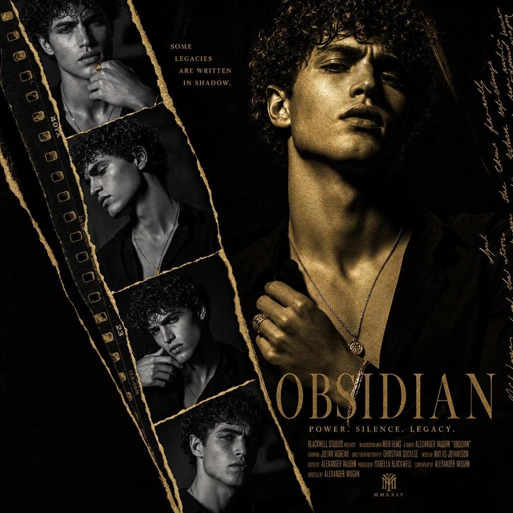 Design a high-end cinematic collage poster using torn diagonal film strip...