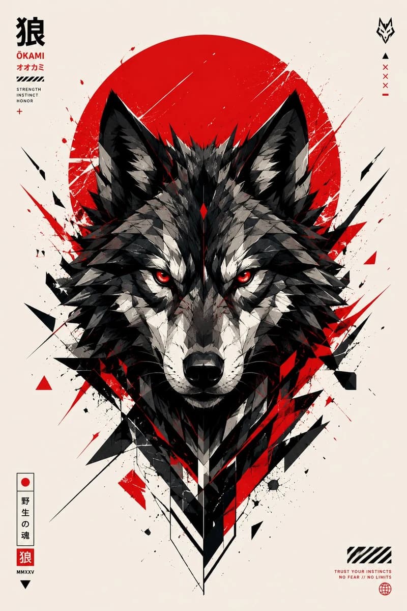 Ultra-aggressive geometric wolf head illustration centered in a minimalis...