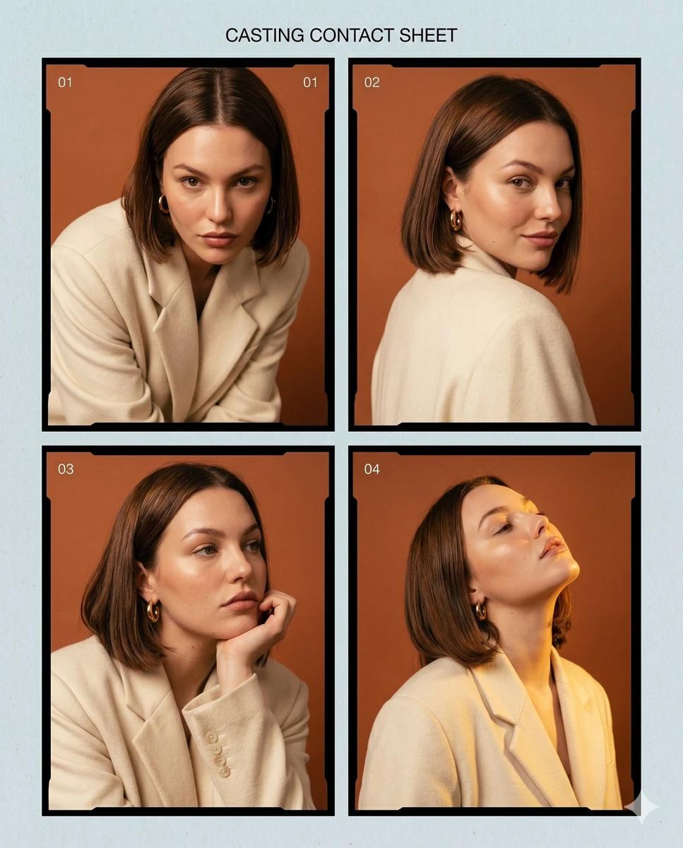 Luxury fashion casting contact sheet of a woman with glossy chestnut-brow...