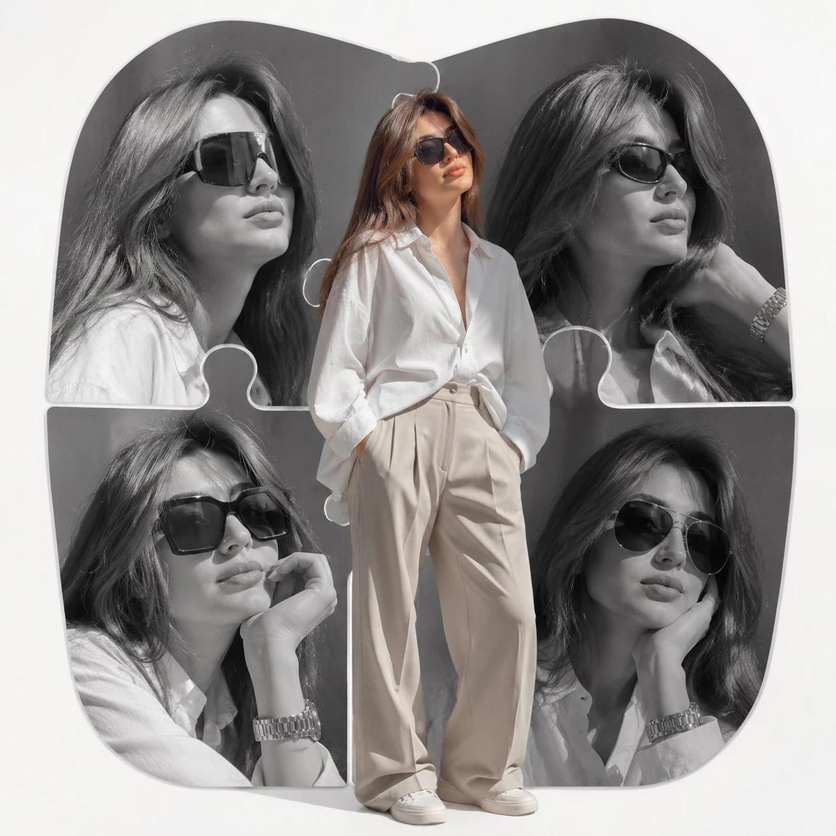 High-end fashion editorial collage poster. A full-body photorealistic mai...