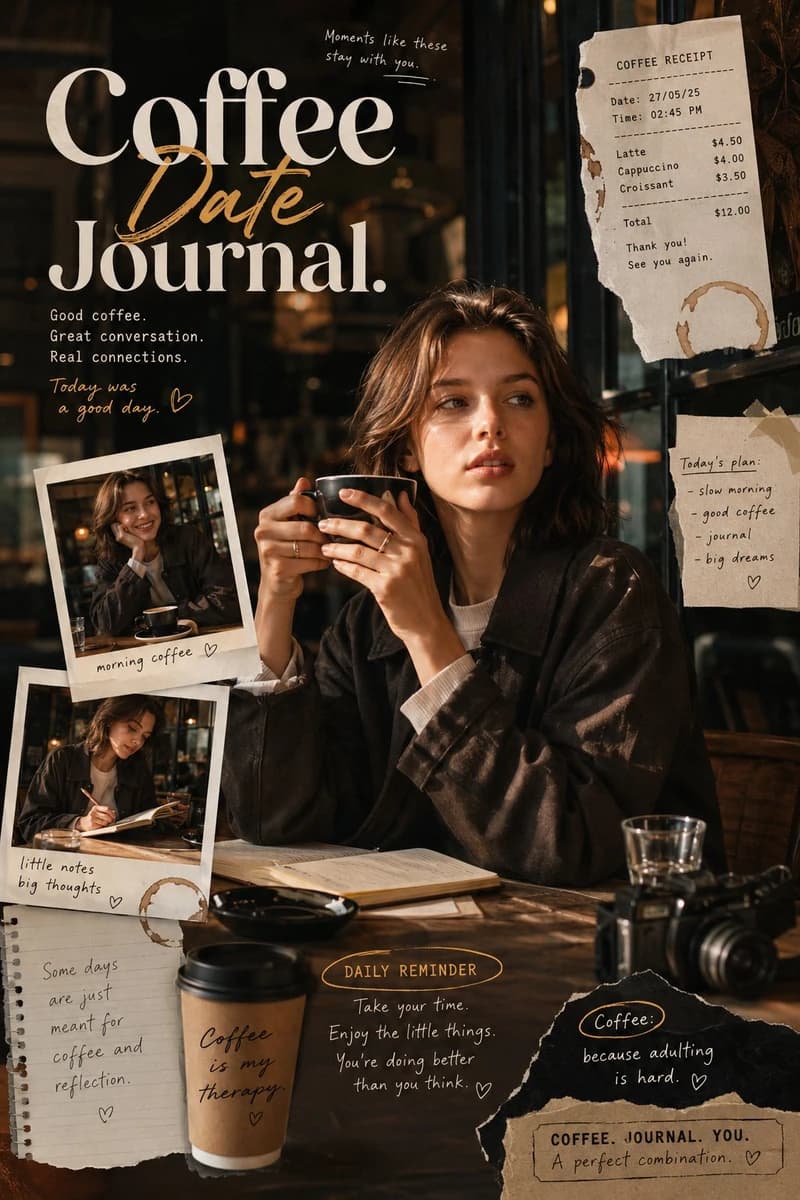 Coffee Date Journal-inspired editorial poster with a warm, intimate coffe...