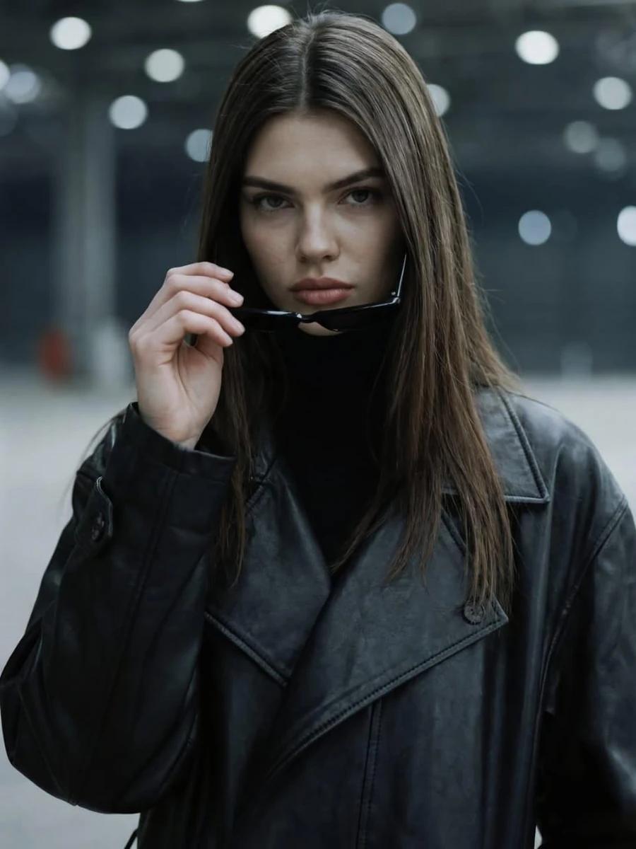 A confident young woman standing in an industrial, dimly lit background w...