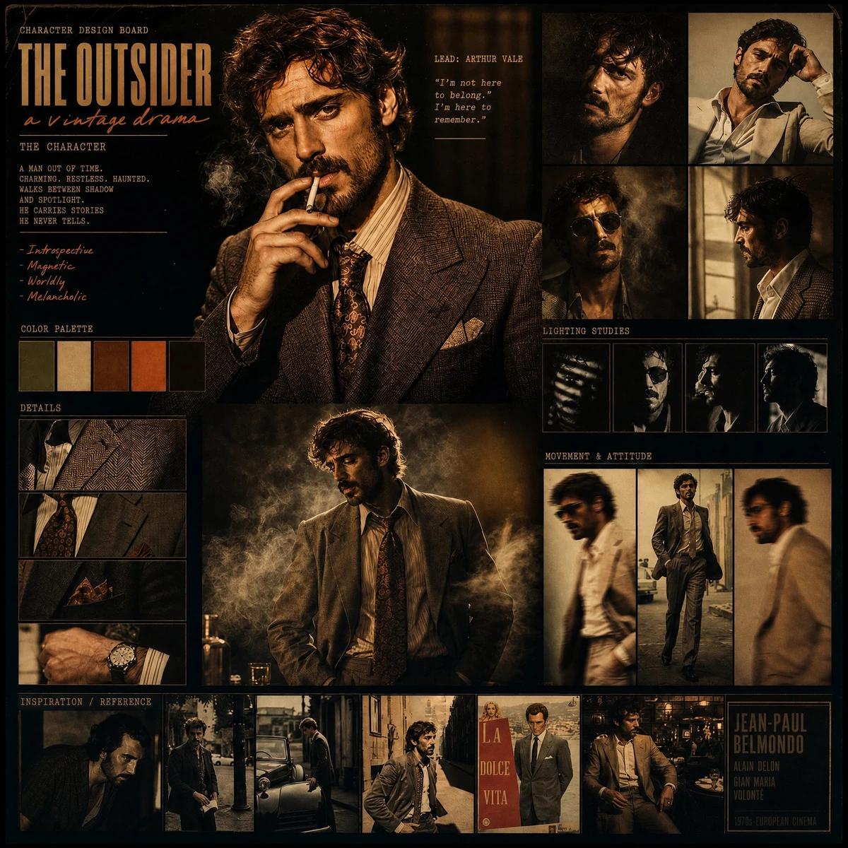 A classic handsome male lead with slightly tousled beard and retro charis...