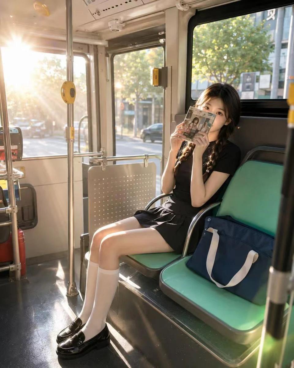 A cinematic everyday portrait on a sunlit bus