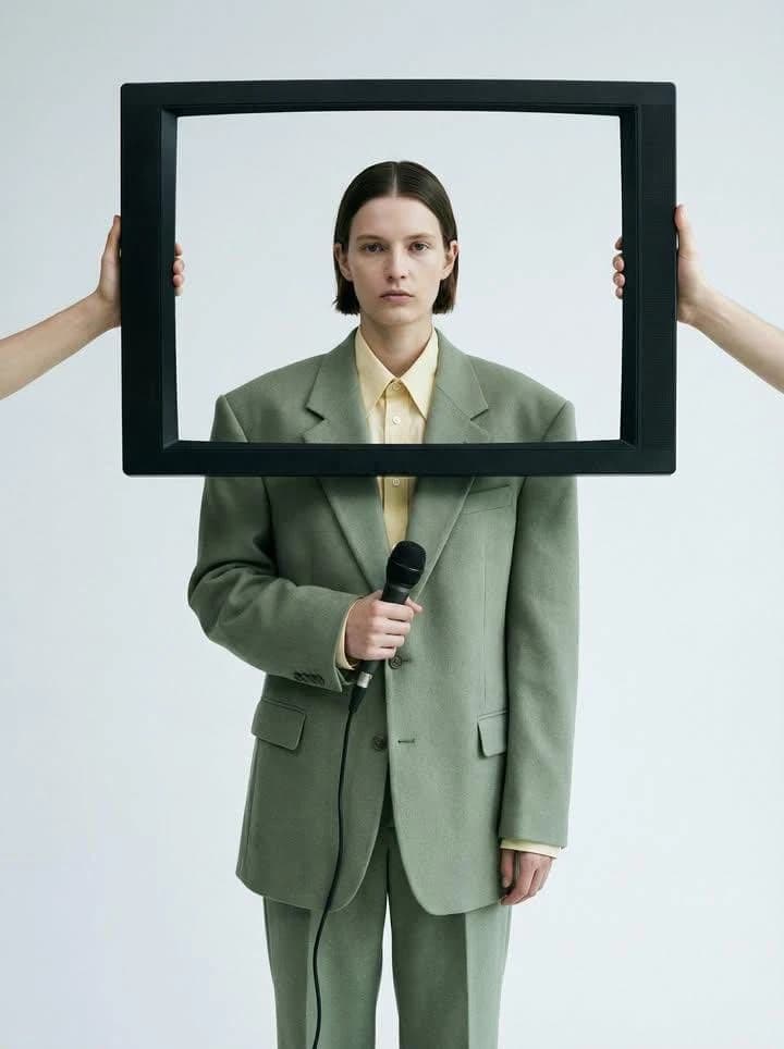 Minimalist conceptual fashion portrait of an androgynous model wearing an...