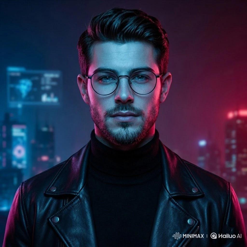 Ultra-realistic cyberpunk portrait of a confident man wearing round glass...