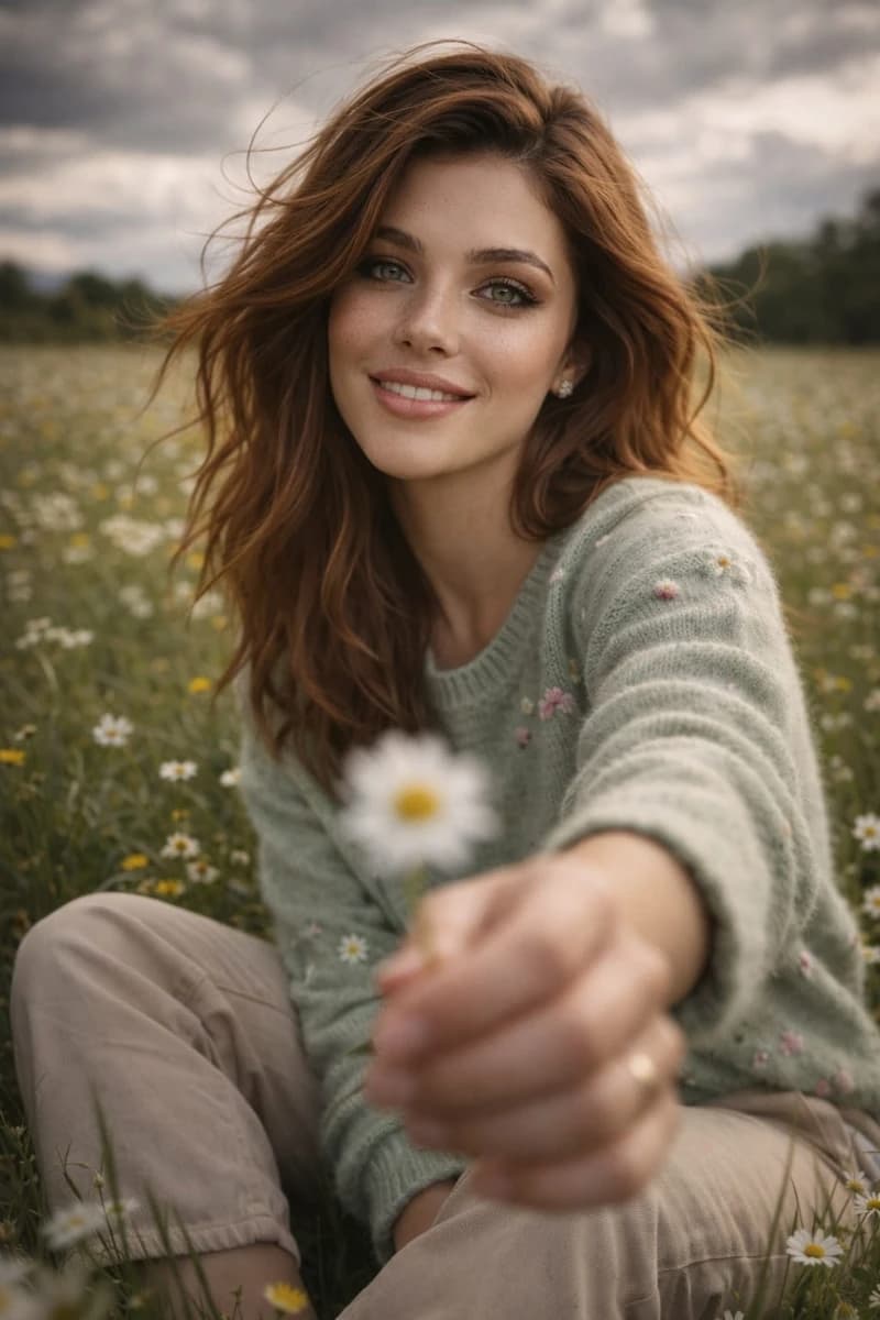 Cinematic lifestyle portrait of a young woman with the exact same face as...