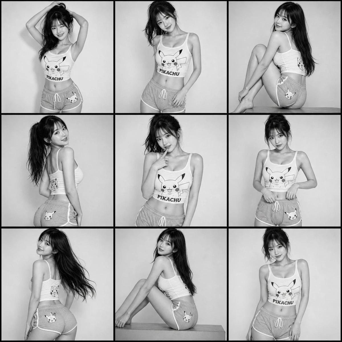 Objective": "Recreate a 3x3 grid black-and-white fashion storyboard with...