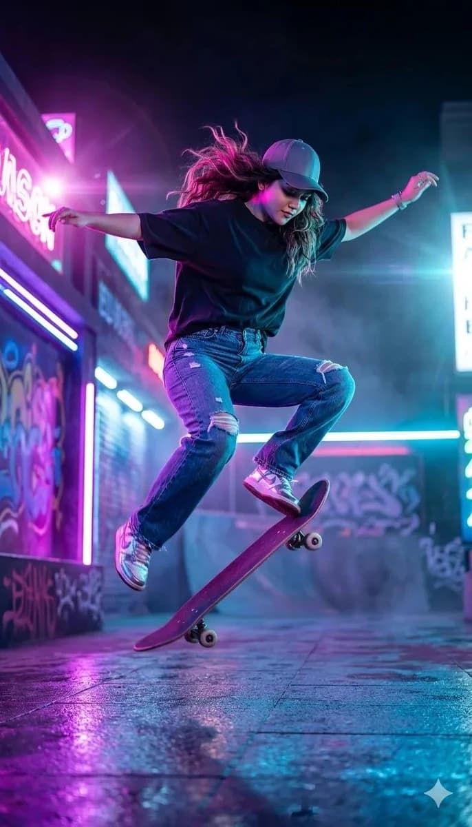 Neon Night Skate Vibe - Flying Pose Prompt Ultra-realistic cinematic 8K i...