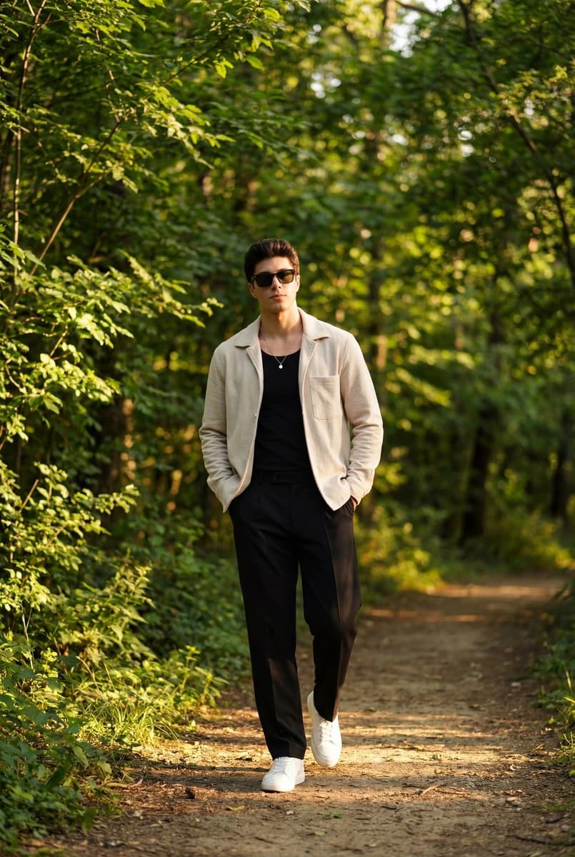 Ultra-realistic full-body outdoor portrait of a stylish young man walking...