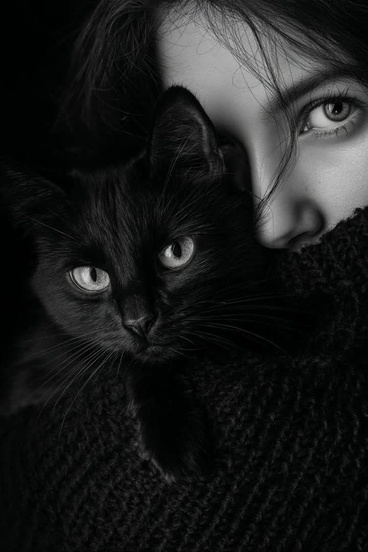 Moody black-and-white portrait of a woman holding a black cat close to he...