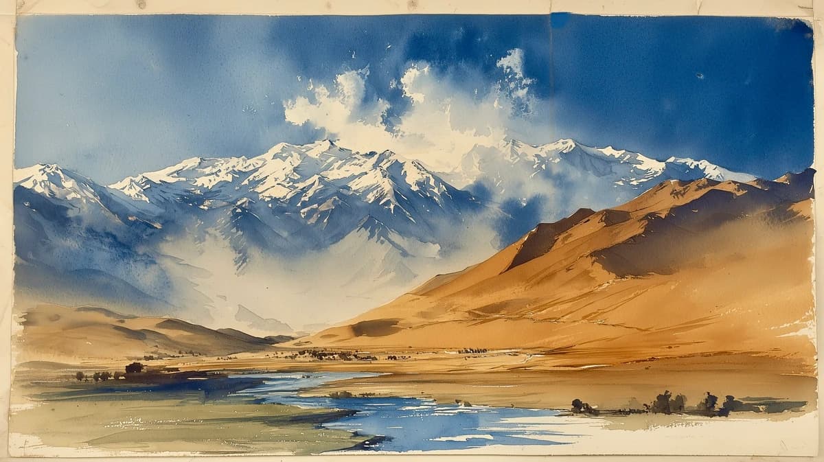 North Indian plains transitioning to the Himalayas. Searched ‘watercolor’...