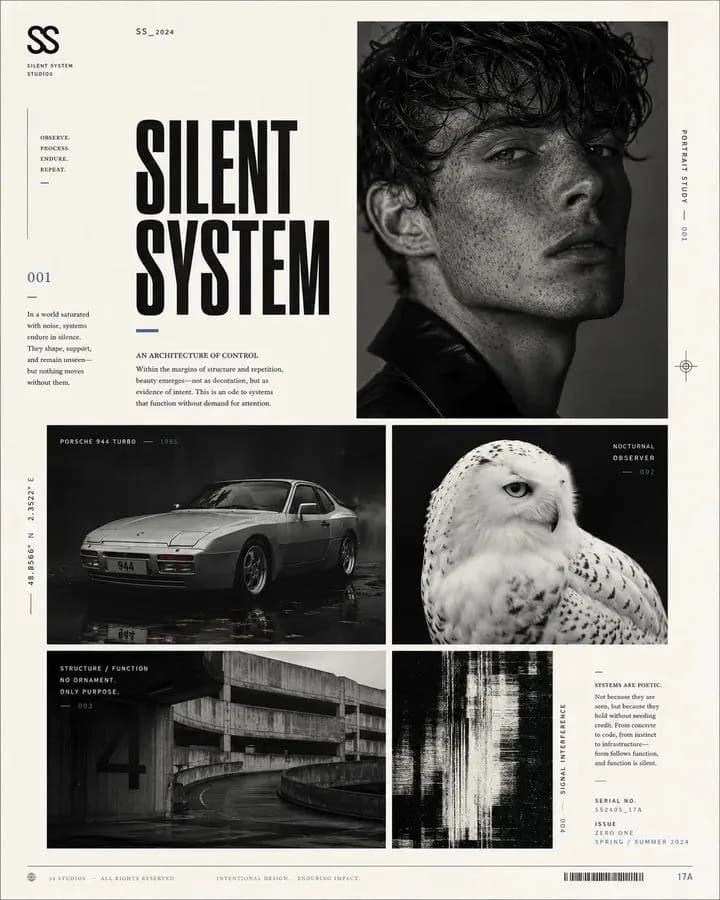 Avant-garde graphic design poster page, elegant editorial layout, off-whi...