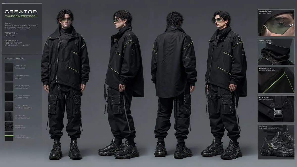 Character design sheet, full body turnaround, male creator, striking avan...