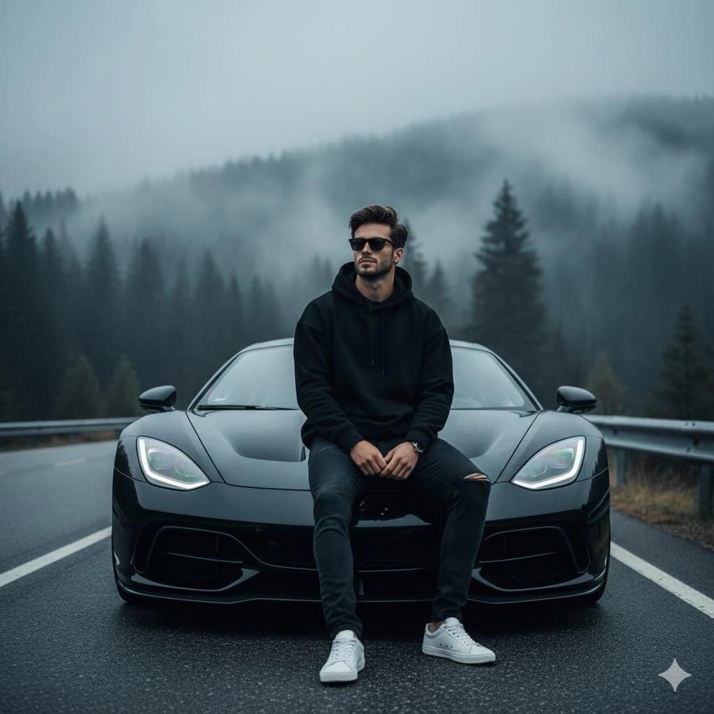 Ultra-realistic cinematic portrait of a confident man sitting on the hood...
