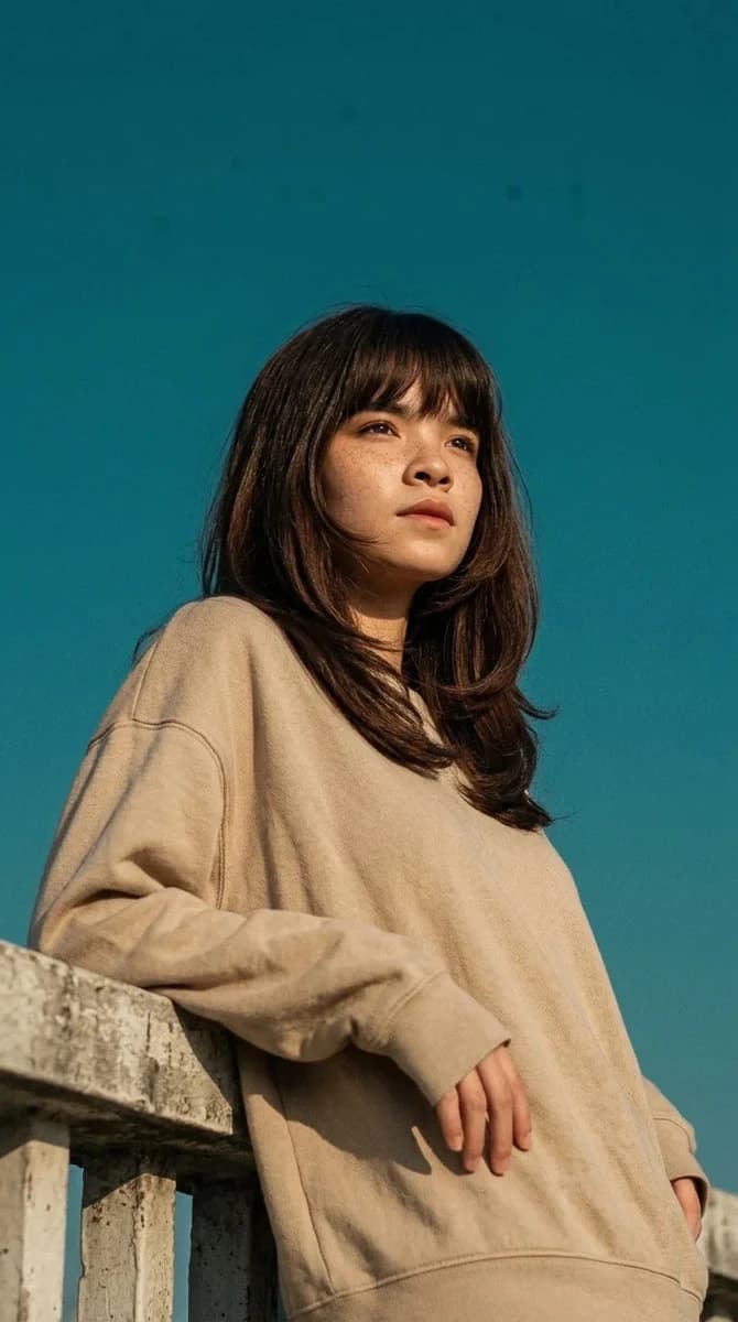 Cinematic portrait of a young woman leaning on a concrete railing, wearin...