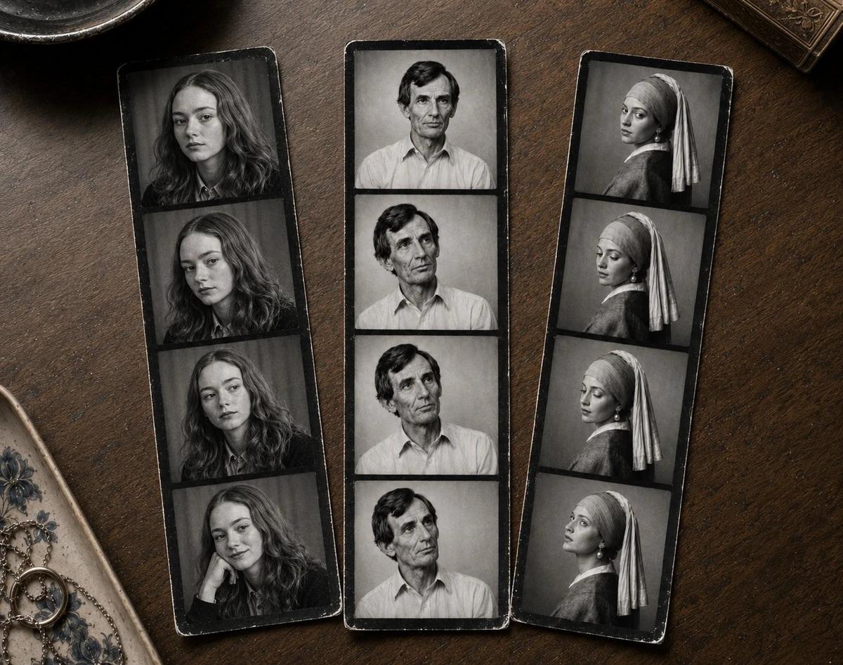 Photorealistic vintage tabletop composition featuring three separate blac...