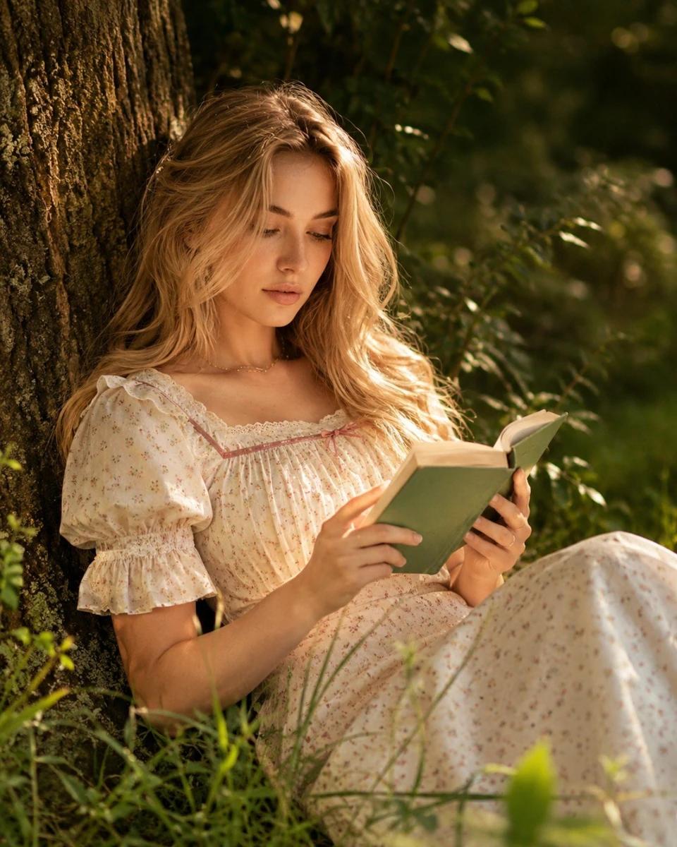 A dreamy cottagecore editorial portrait captured during golden hour in a...